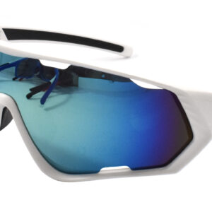 Sport Matte White with Black Trim Shield Blue-Green Mirror Sunglass
